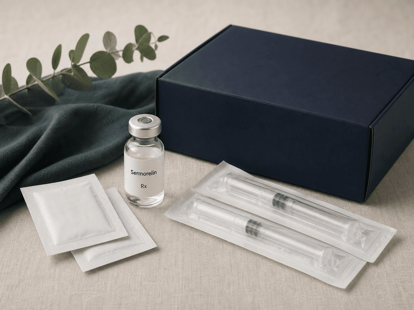 Sermorelin care kit with medication vial, sealed supplies, and discreet shipping box